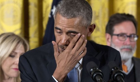 The President sheds a tear when recalling the young lives lost during the Sandy Hook shooting in 2012.